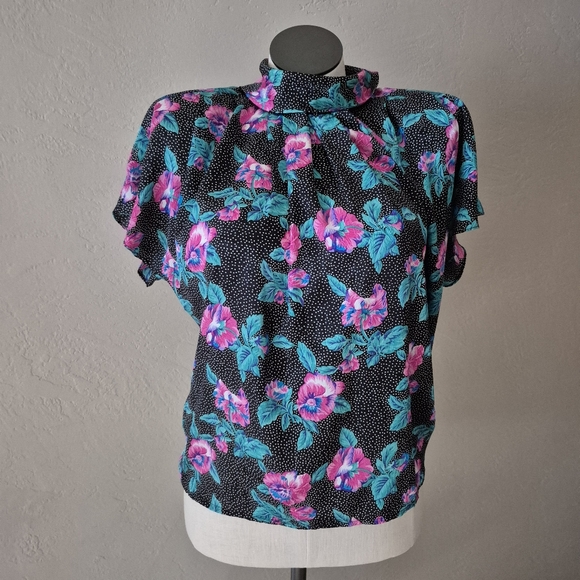 San Andrea Tops - Vintage 80s Pink Floral And Dots Black Blouse  Women's Top 12